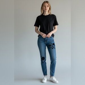 Pilcro and the Letterpress Blue Straight-Leg Jeans with Black Floral Embroidery